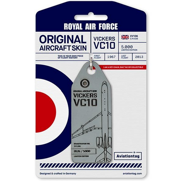 Aviationtag Royal Air Force Vickers VC 10 Aircraft Skin Tag in grey colour with packaging - Aircraft Registration XV-106