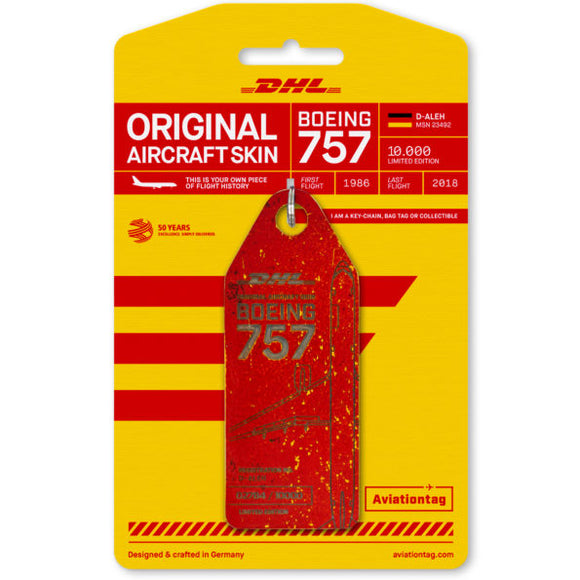 Aviationtag DHL B757 Aircraft Skin Tag in red colour with packaging - Aircraft Registration D-ALEH