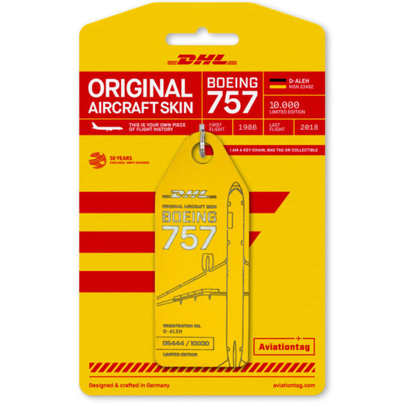 Aviationtag DHL B757 Aircraft Skin Tag in yellow colour with packaging - Aircraft Registration D-ALEH