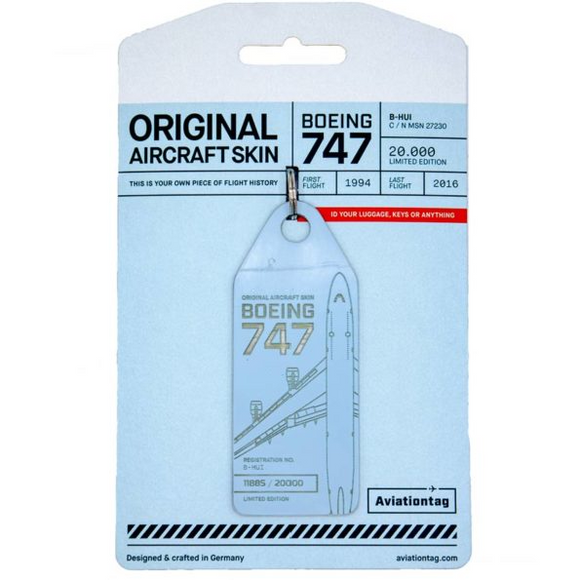Aviationtag Cathay Pacific B747 Aircraft Skin Tag in light blue colour with packaging - Aircraft Registration B-HUI