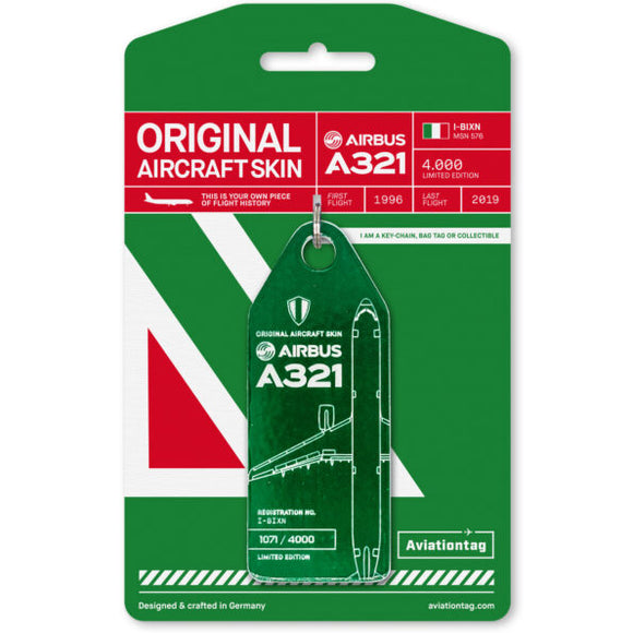 Aviationtag Alitalia Airlines A321 Aircraft Skin Tag in green colour with packaging - Aircraft Registration I-BIXN