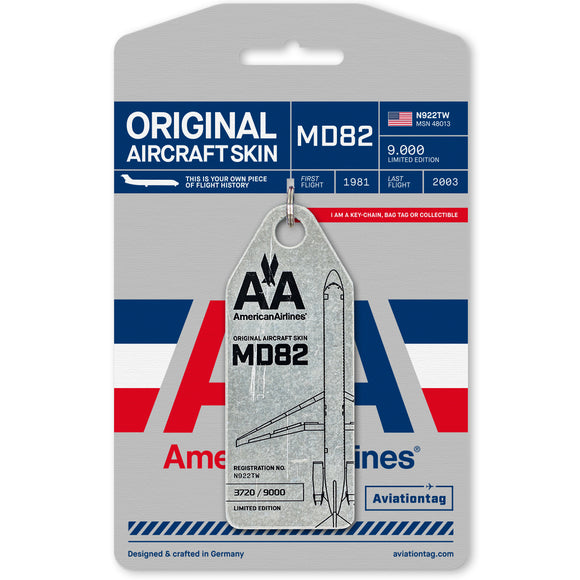 Aviationtag American Airlines MD-82 Aircraft Skin Tag in silver colour with packaging - Aircraft Registration N922TW