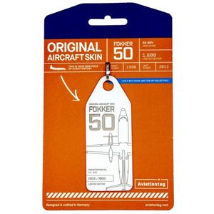 Aviationtag SAS Airlines Fokker 50 Aircraft Skin Tag in white colour with packaging - Aircraft Registration SX-BRV