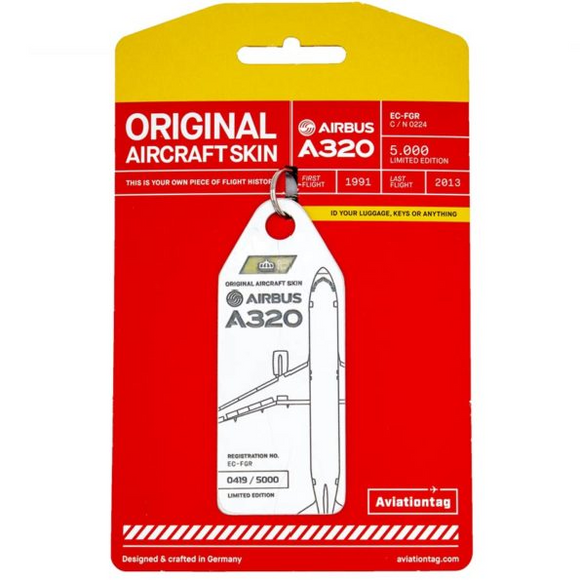 Aviationtag Iberia Airlines A320 Aircraft Skin Tag in white colour with packaging - Aircraft Registration EC-FGR