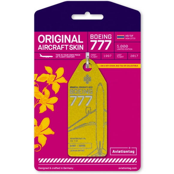 Aviationtag Thai Airways B777 Aircraft Skin Tag in gold colour with packaging - Aircraft Registration HS-TJF