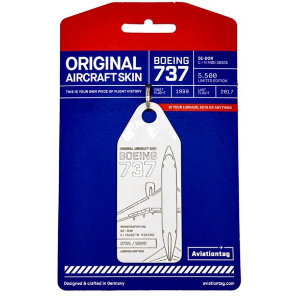 Aviationtag SAS Airlines B737 Aircraft Skin Tag in white colour with packaging - Aircraft Registration SE-DOR