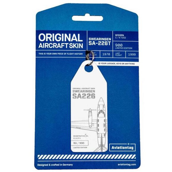 Aviationtag Swearingen SA 226 Aircraft Skin Tag in white colour with packaging - Aircraft Registration N103PA