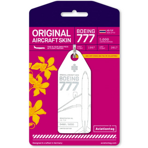 Aviationtag Thai Airways B777 Aircraft Skin Tag in white colour with packaging - Aircraft Registration HS-TJF