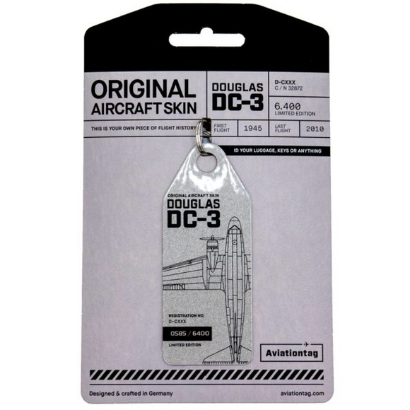 Aviationtag Candy Bomber Douglas DC-3 Aircraft Skin Tag in silver colour with packaging - Aircraft Registration D-CXXX