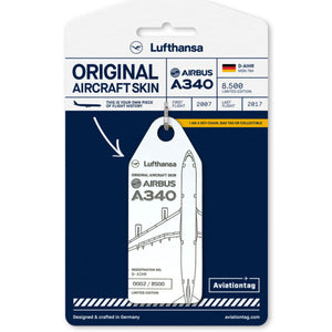 Aviationtag Lufthansa A340 Aircraft Skin Tag in white colour with packaging - Aircraft Registration D-AIHR