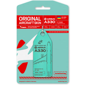Aviationtag Windrose A330 Aircraft Skin Tag in turquosie colour with packaging - Aircraft Registration UR-WRQ