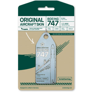 Aviationtag Cathay Pacific B747 Uniform Juliet Livery Aircraft Skin Tag in light blue colour with packaging - Aircraft Registration B-HUJ