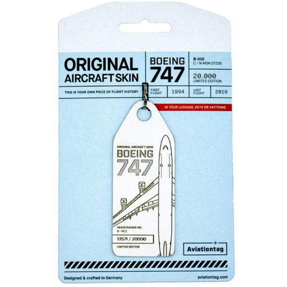 Aviationtag Cathay Pacific B747 Aircraft Skin Tag in white colour with packaging - Aircraft Registration B-HUI