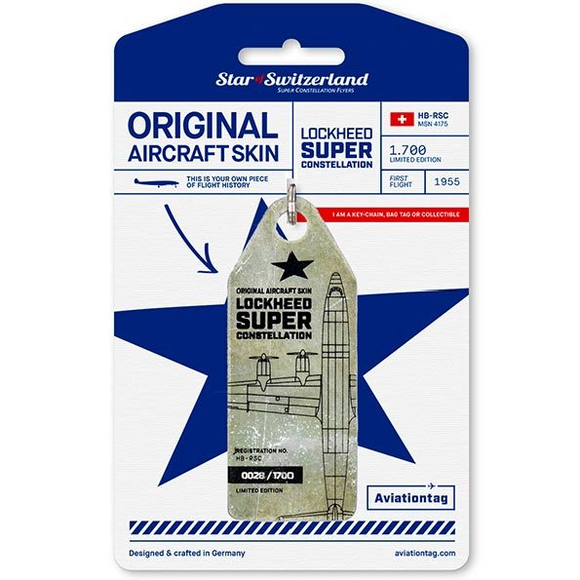 Aviationtag Lockheed Super Constellation Aircraft Skin Tag in silver colour with packaging - Aircraft Registration HB-RSC