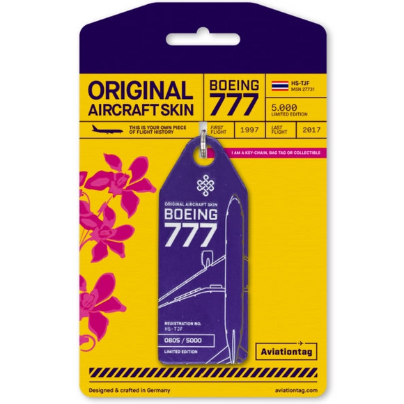 Aviationtag Thai Airways B777 Aircraft Skin Tag in purple colour with packaging - Aircraft Registration HS-TJF