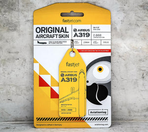 Aviationtag Fastjet Airlines A319 Aircraft Skin Tag in yellow colour with packaging - Aircraft Registration 5H-FJF