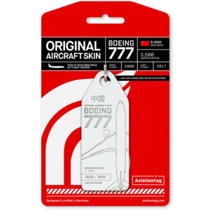 Aviationtag Air China B777 Aircraft Skin Tag in white colour with packaging - Aircraft Registration B-2065
