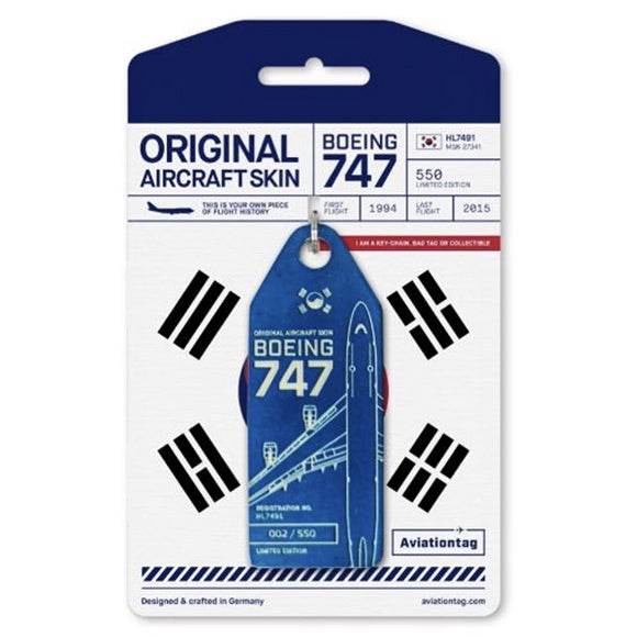 Aviationtag Korean Air B747 Aircraft Skin Tag in dark blue colour with packaging - Aircraft Registration HL7491