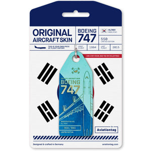 Aviationtag Korean Air B747 Aircraft Skin Tag in light and dark blue colour with packaging - Aircraft Registration HL7491