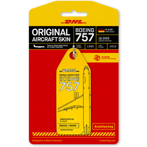 Aviationtag DHL B757 Aircraft Skin Tag in yellow colour with packaging - Aircraft Registration D-ALEK