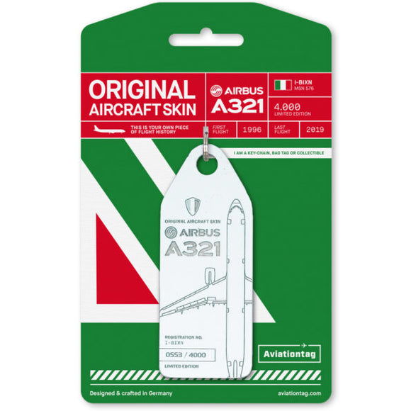 Aviationtag Alitalia Airlines A321 Aircraft Skin Tag in white colour with packaging - Aircraft Registration I-BIXN