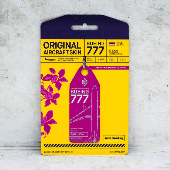 Aviationtag Thai Airways B777 Aircraft Skin Tag in pink colour with packaging - Aircraft Registration HS-TJF
